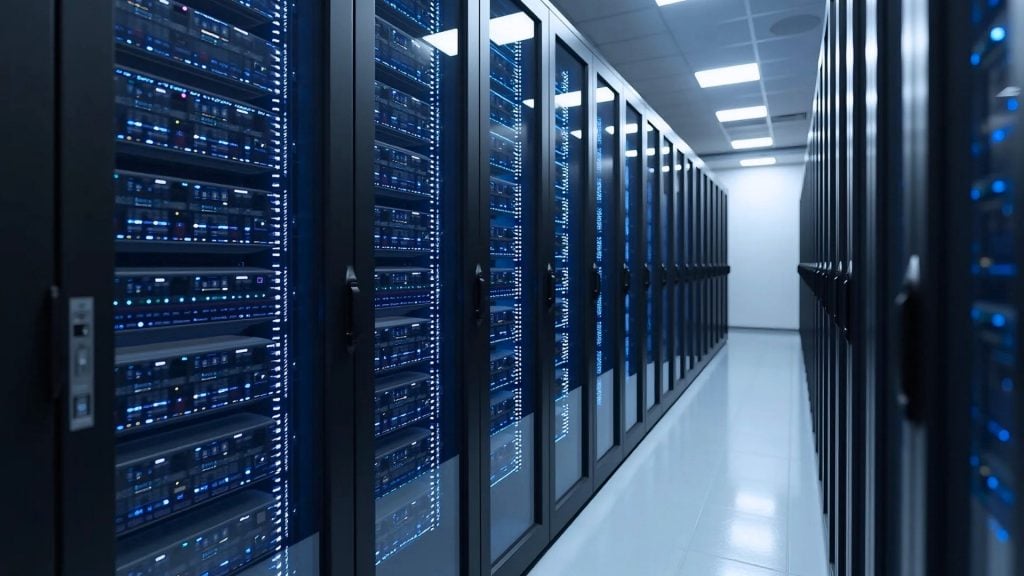 Rows of server racks inside a modern data centre