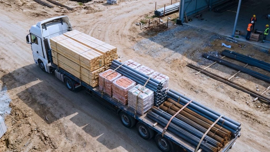 Freight containers moving through a logistics terminal